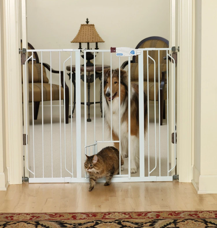 en hög grind med lucka för katten