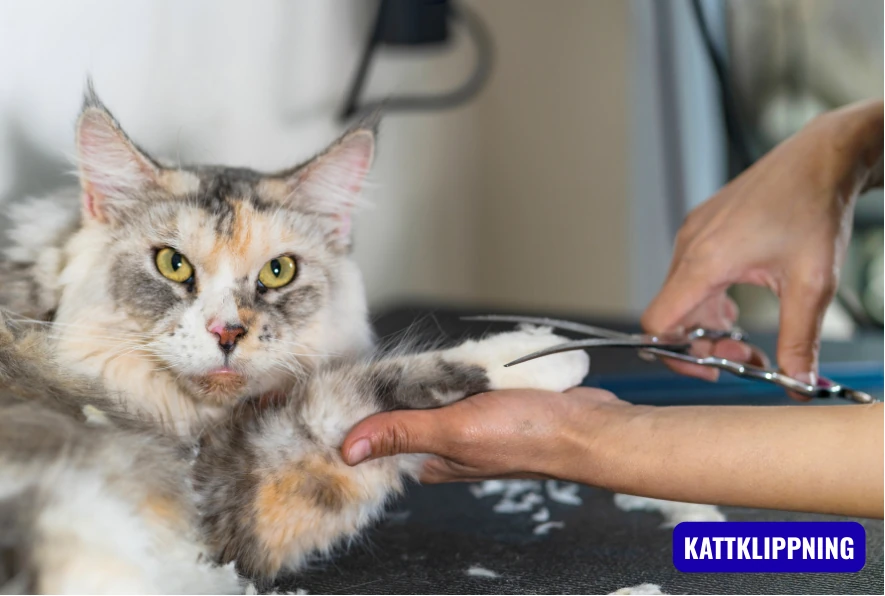 Klipper päls på tassen, katten ser väldigt lugn ut