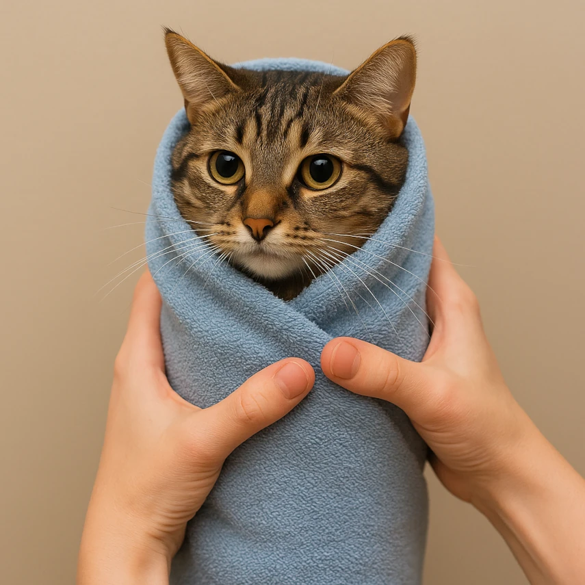 Virat in katten som en burrito i en handduk